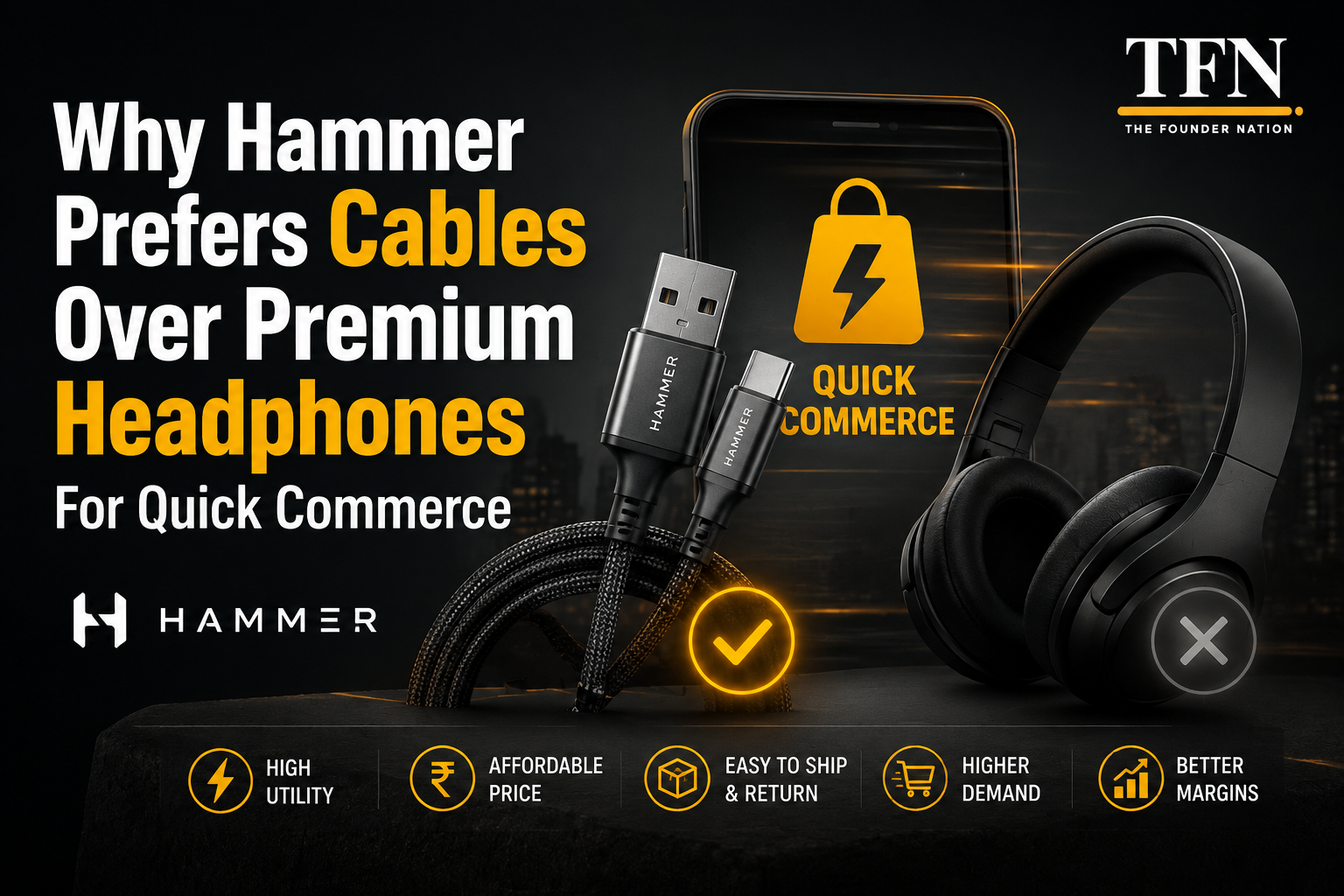 Hammer cables compared with premium headphones for quick commerce, highlighting the brand’s product strategy.