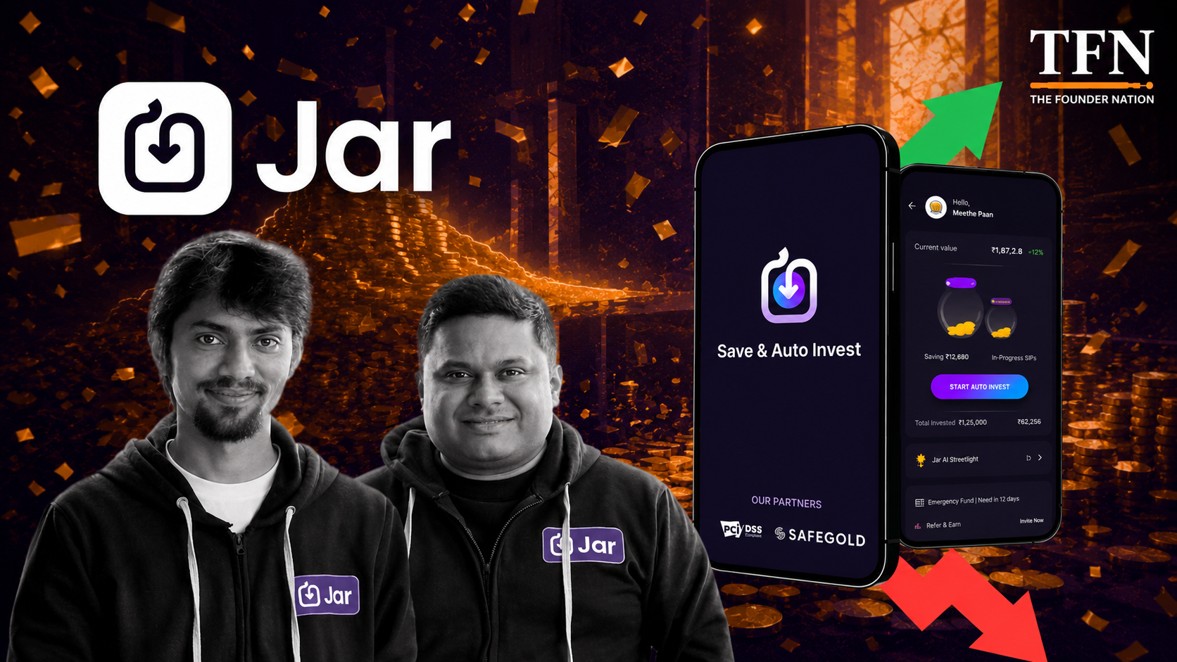Jar founders with the Jar savings and auto-invest app, highlighting the Indian fintech startup.
