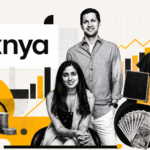 Knya healthcare startup founders featured in a TFN editorial graphic with medical apparel and business growth visuals