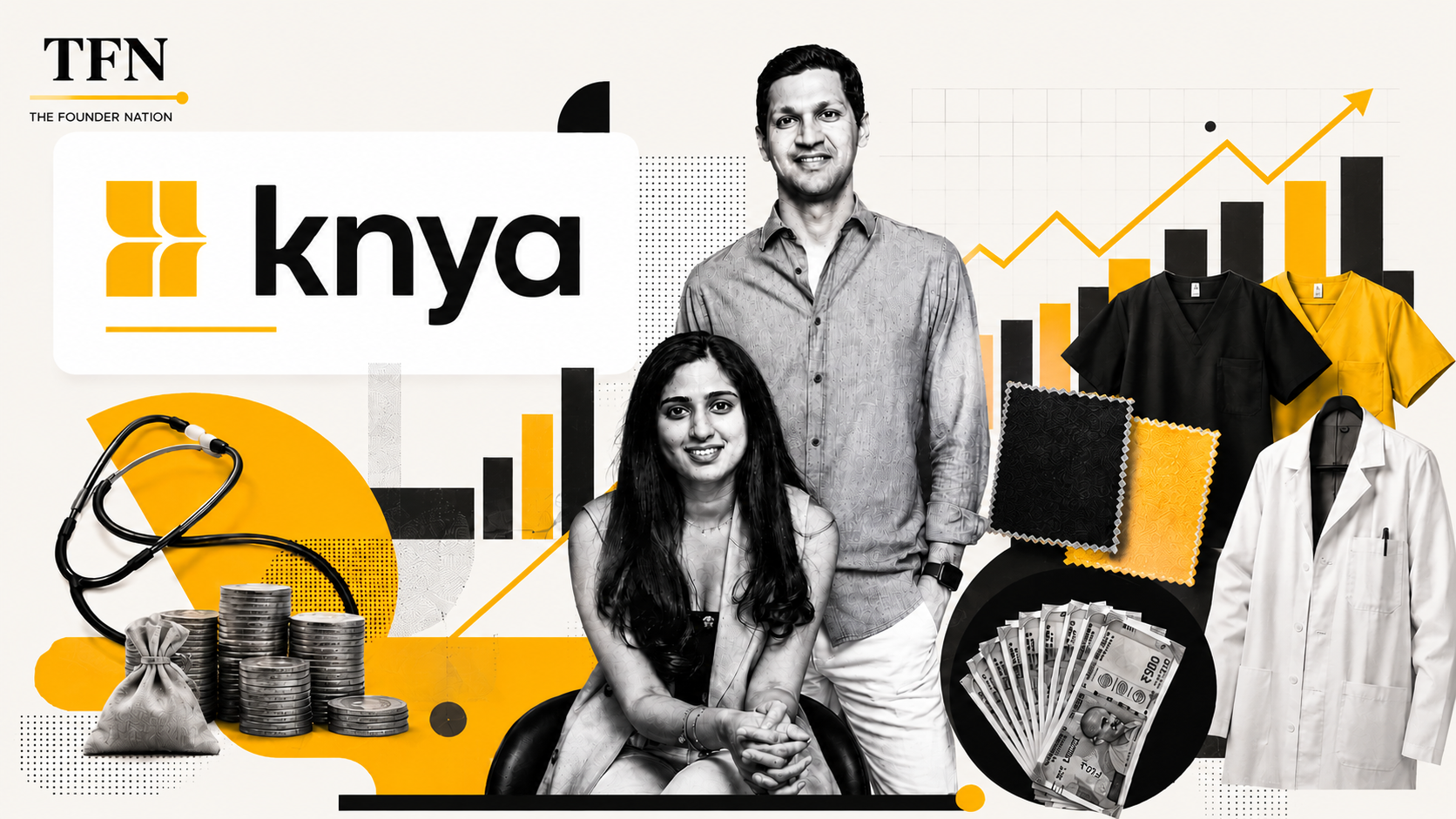 Knya healthcare startup founders featured in a TFN editorial graphic with medical apparel and business growth visuals