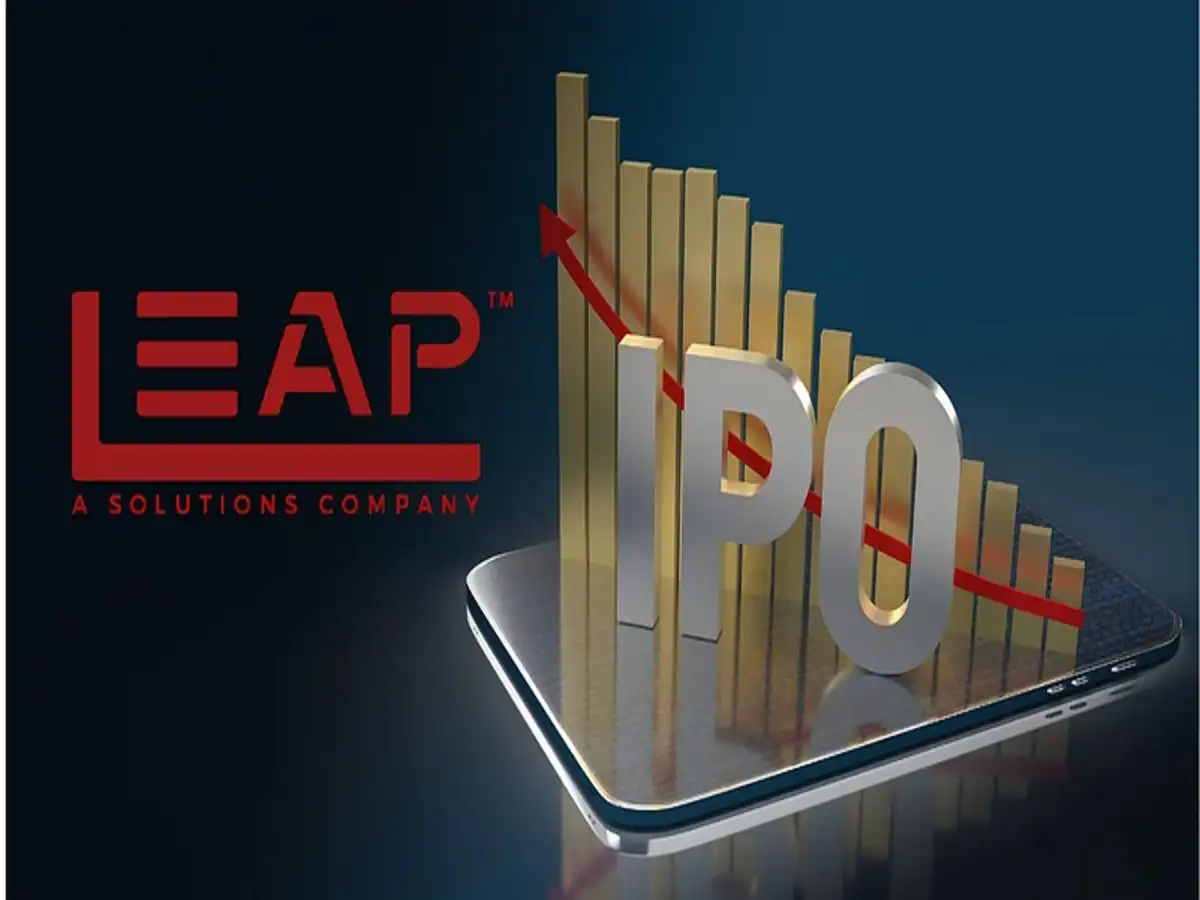 LEAP Solutions Company IPO graphic showing an upward growth chart and smartphone