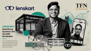 Lenskart founder with eyewear products and digital growth visuals featured in a TFN editorial graphic.