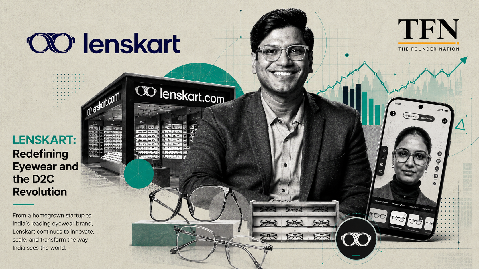 Lenskart founder with eyewear products and digital growth visuals featured in a TFN editorial graphic.