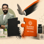 Mamaearth founder and Mamaearth products alongside Fluence Pharma branding, representing the acquisition of a 58% stake in Fluence Pharma.