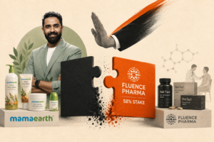 Mamaearth founder and Mamaearth products alongside Fluence Pharma branding, representing the acquisition of a 58% stake in Fluence Pharma.