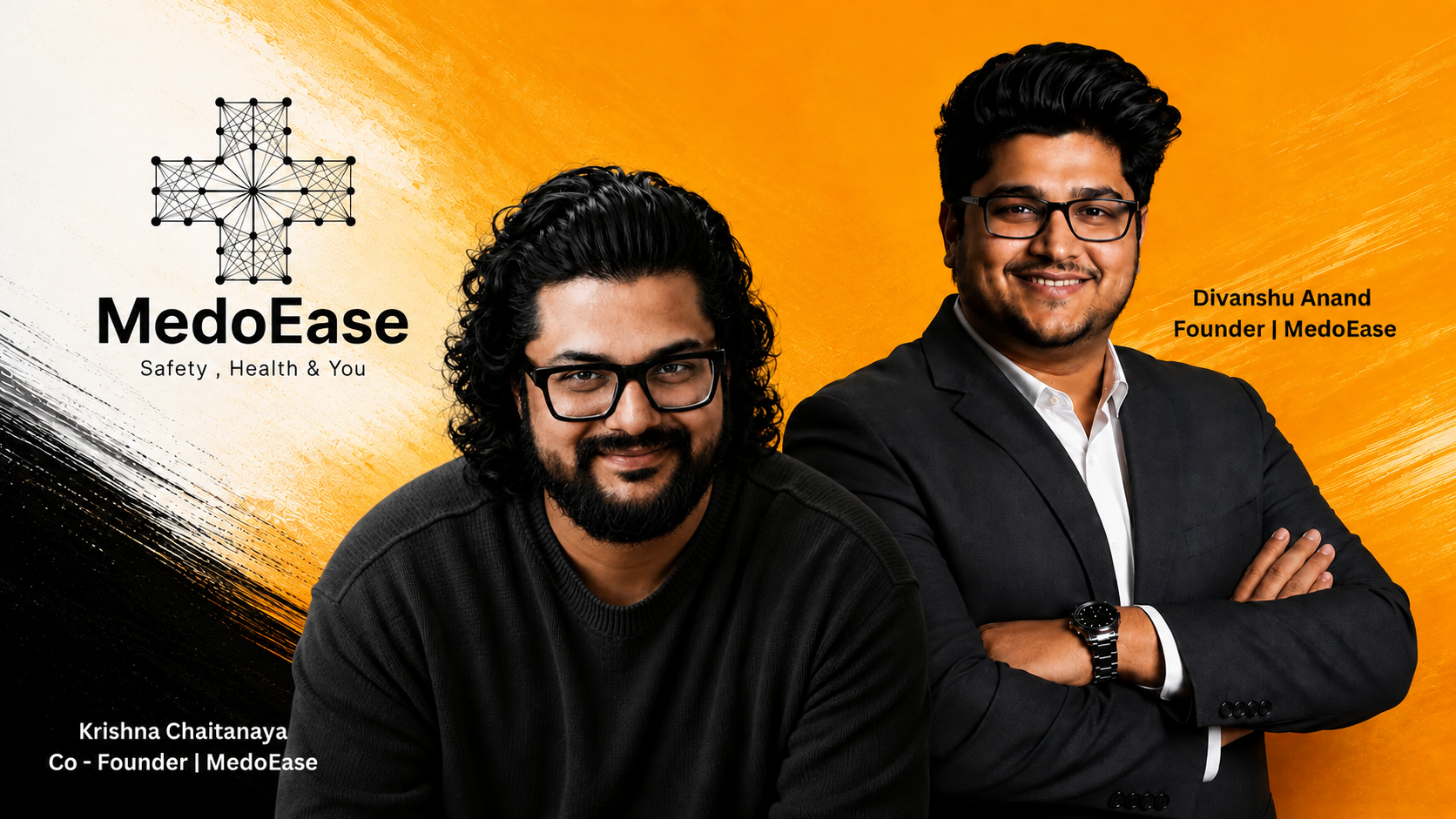 Portrait of the founder of MedoEase with the company's branding, representing the Indian healthcare technology startup focused on safety, health, and digital healthcare solutions.
