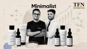 Minimalist skincare founders featured with Minimalist products, scientific graphics and TFN branding