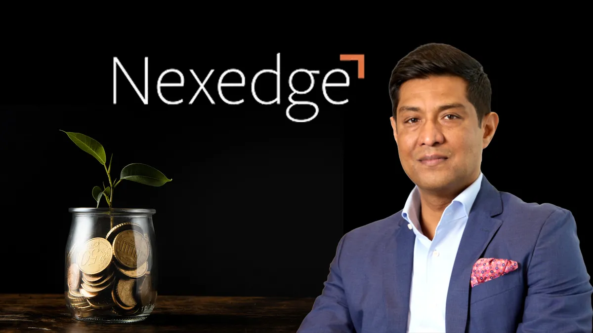 Nexedge founder alongside the company logo and a visual representing startup funding and investment growth.