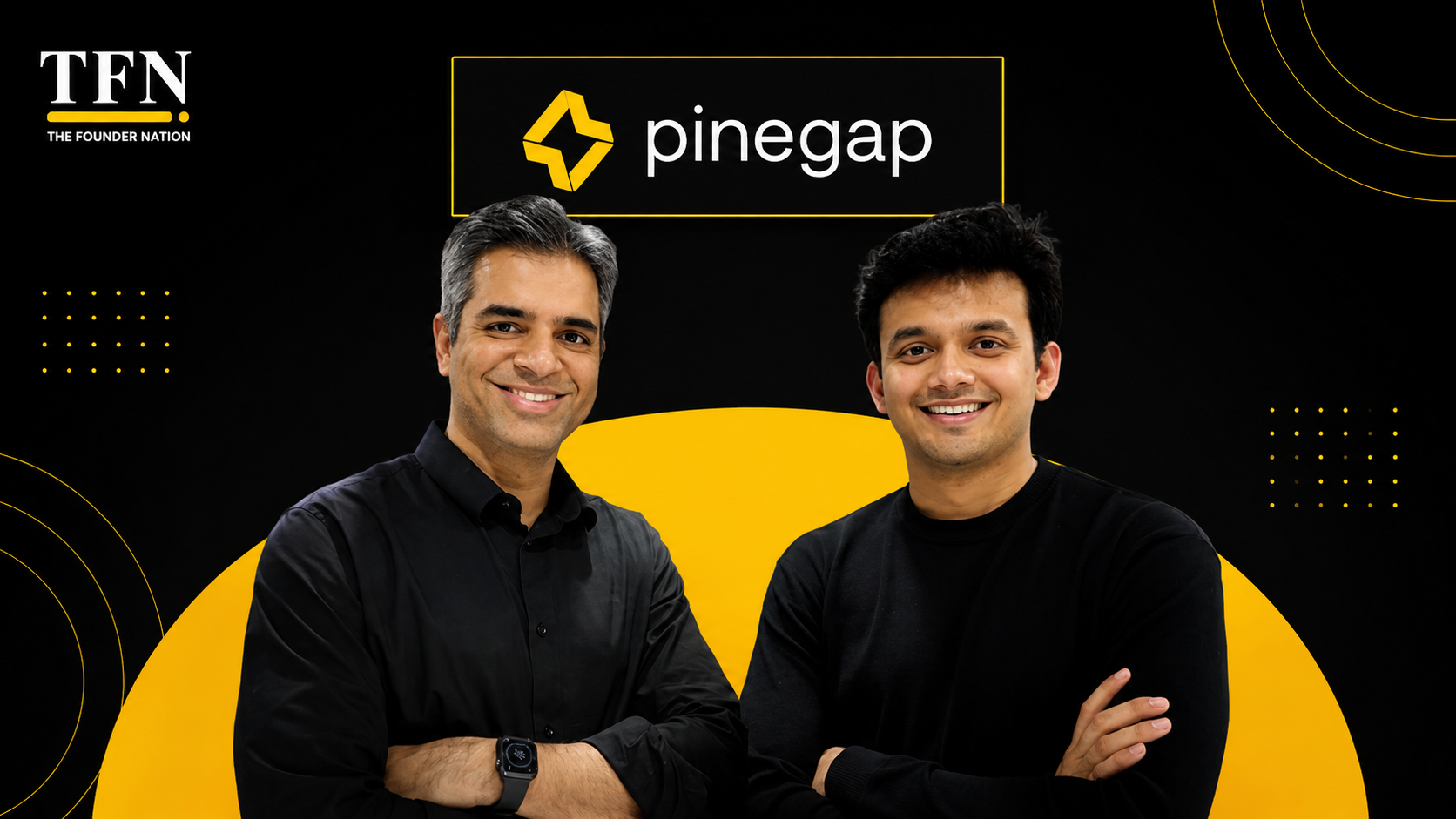 Editorial illustration featuring the founders of Pinegap with the company logo, highlighting the AI-powered cybersecurity startup and its enterprise security platform.