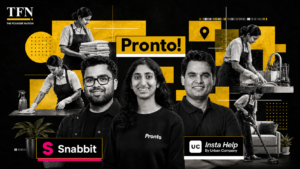 Editorial illustration comparing Pronto, Snabbit, and Urban Company's Insta Help, highlighting the growing competition in India's on-demand home services startup ecosystem.