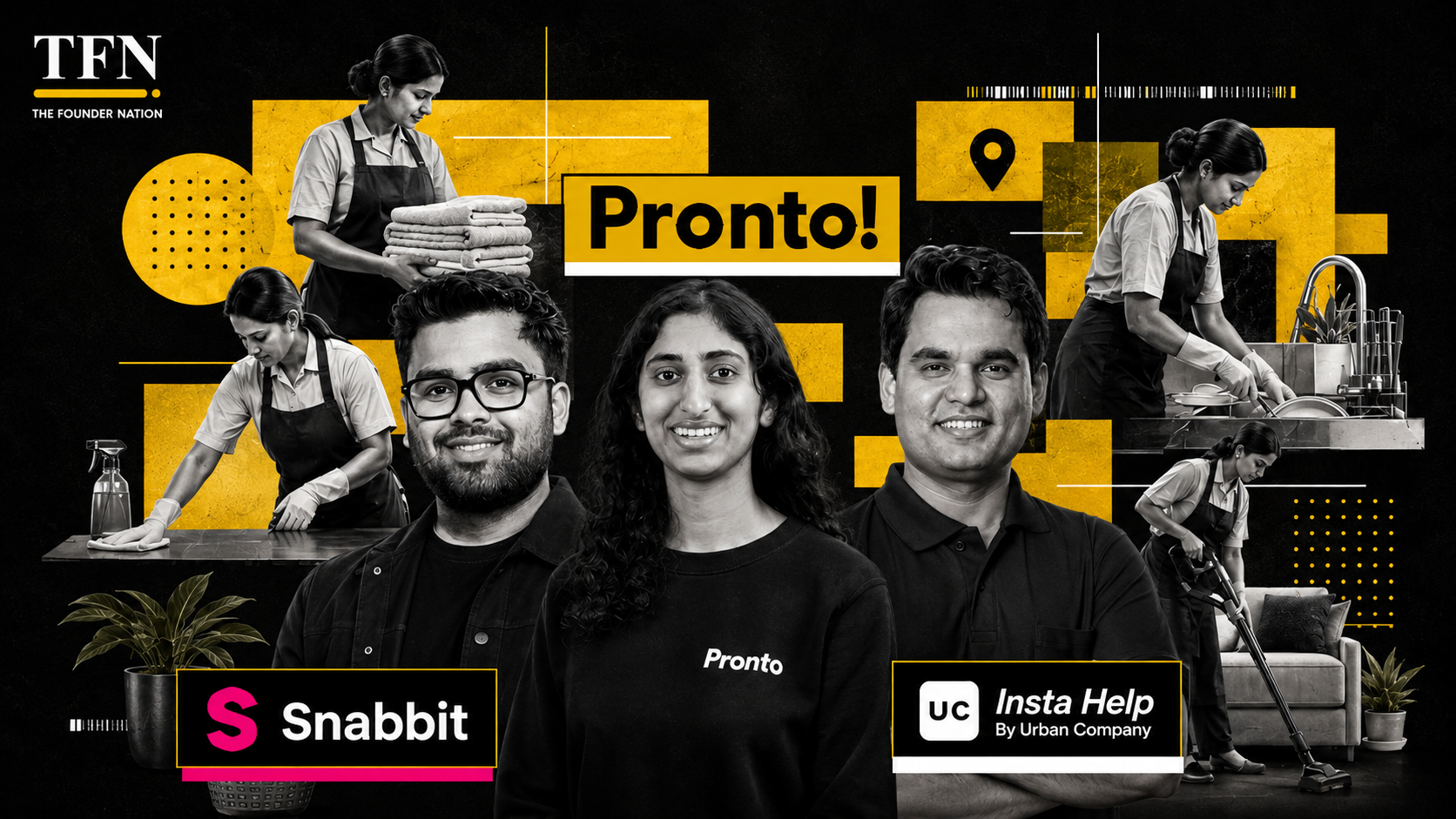 Editorial illustration comparing Pronto, Snabbit, and Urban Company's Insta Help, highlighting the growing competition in India's on-demand home services startup ecosystem.