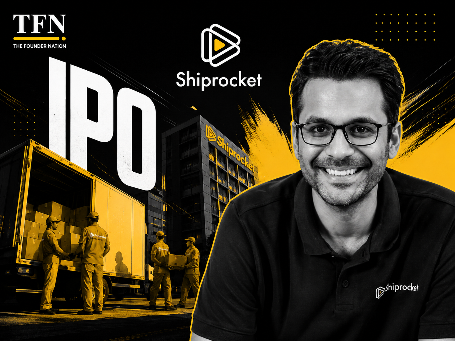 Editorial illustration featuring Shiprocket and its founder, highlighting the logistics startup's ₹79 crore FY26 loss and upcoming IPO preparations.