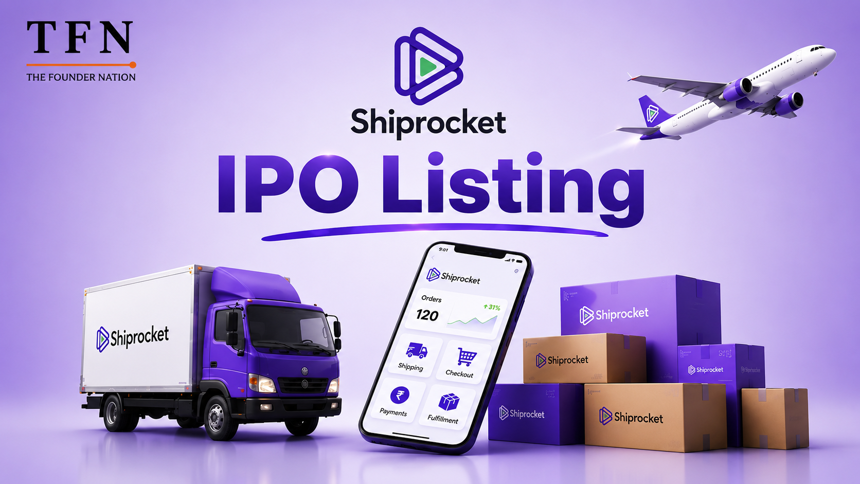 Shiprocket IPO listing announcement featuring the logistics startup’s delivery truck, platform app, packages, and TFN branding.