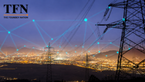 Smart grid energy infrastructure with power transmission towers and digital network connections
