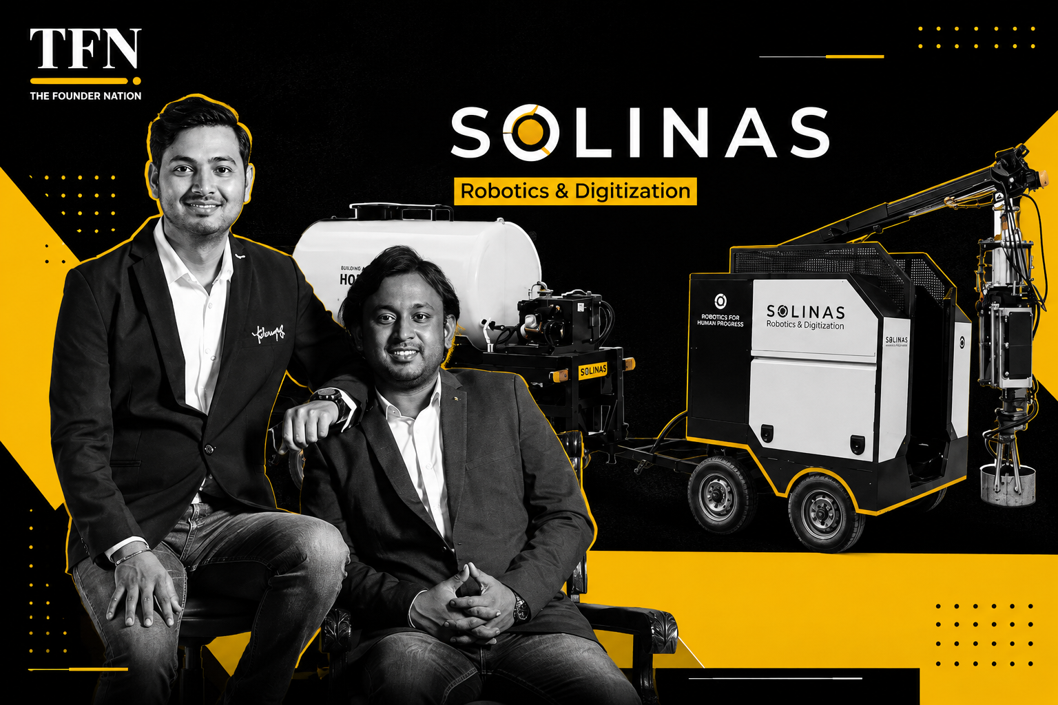 Solinas Robotics & Digitization founders alongside robotic cleaning and infrastructure solutions in a TFN editorial visual.