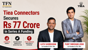 Tiea Connectors founders with the Tiea logo announcing Rs 77 crore raised in Series A funding.