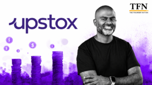 Upstox founder featured alongside financial growth visuals and investment stacks in a TFN editorial graphic.