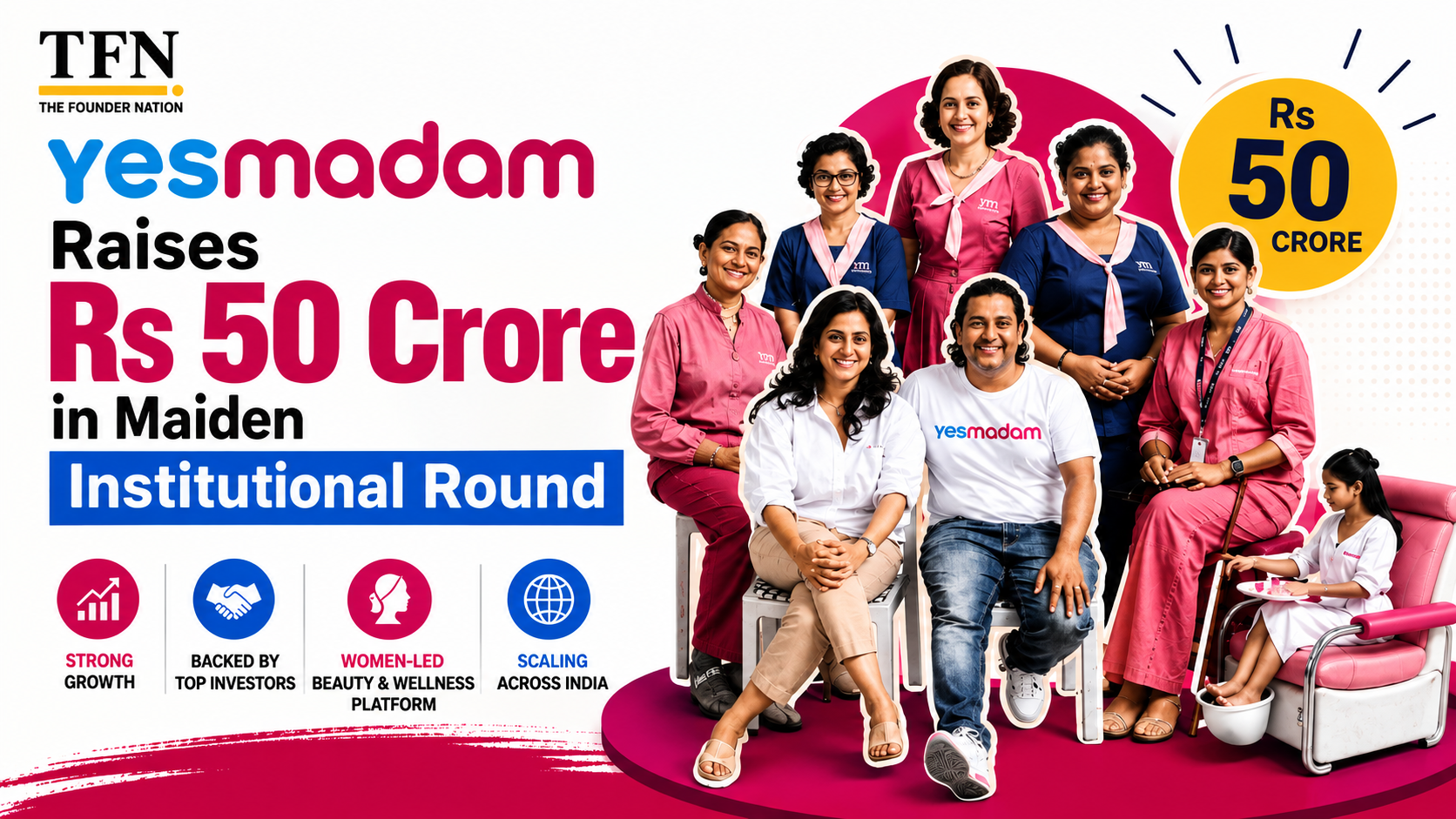 Yes Madam raises Rs 50 crore in its maiden institutional funding round, featuring the company's team and TFN branding.