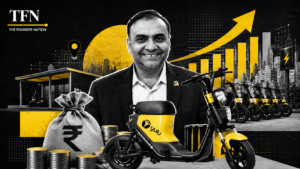 Yulu mobility growth graphic featuring its founder, electric scooters, funding visuals, and TFN branding