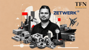 Zetwerk founder surrounded by industrial manufacturing, logistics and engineering visuals in a TFN editorial illustration.