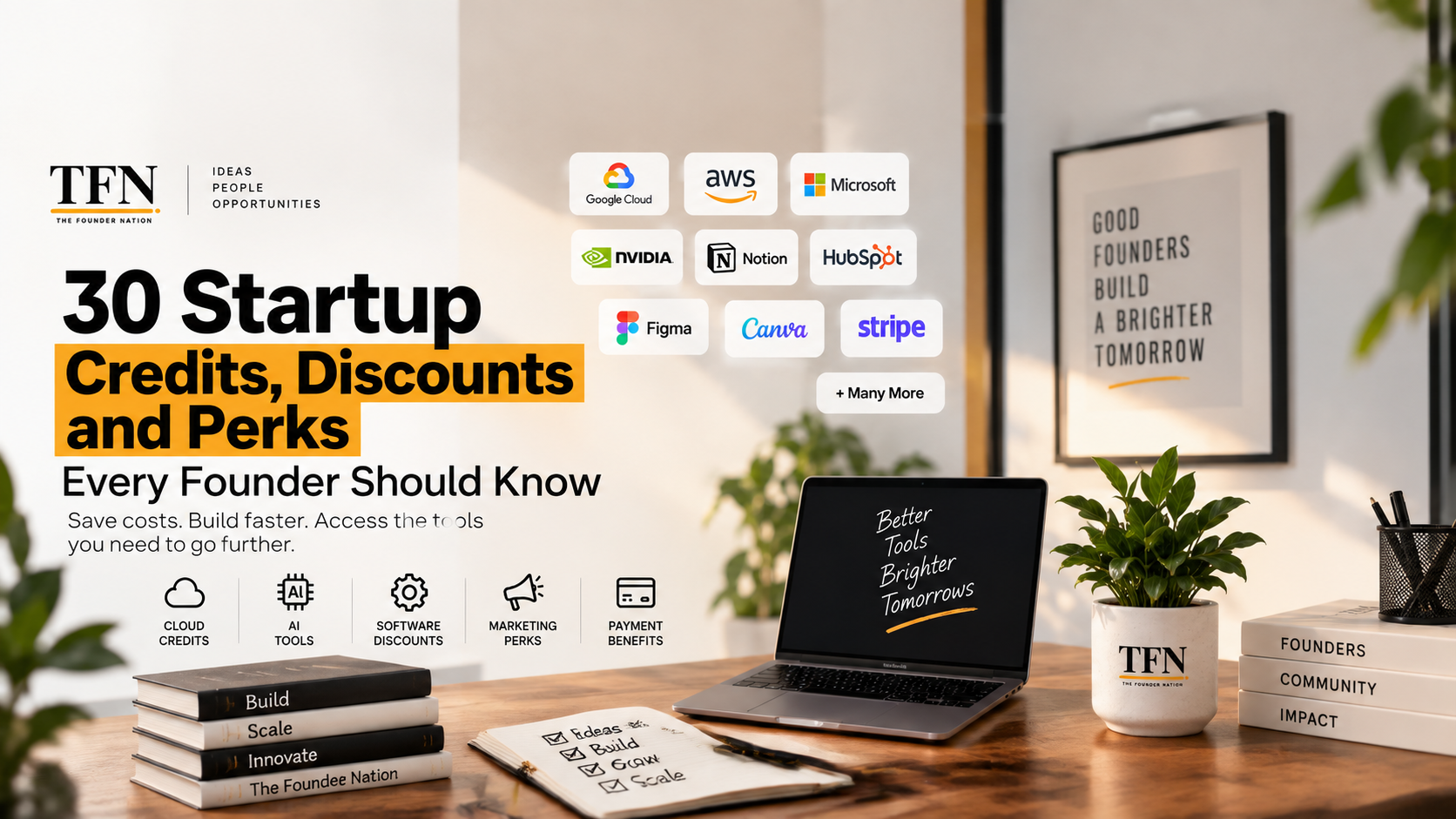 Startup credits, discounts and perks for founders, featuring cloud, AI, software and productivity benefits