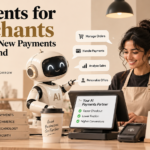 AI robot assisting a merchant with payments, order management, sales analytics, and personalized offers at a retail checkout.