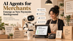 AI robot assisting a merchant with payments, order management, sales analytics, and personalized offers at a retail checkout.