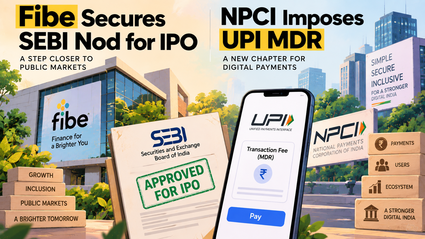 Illustration of Fibe securing SEBI approval for an IPO alongside NPCI introducing UPI MDR, featuring payment technology, a smartphone, and financial market imagery.