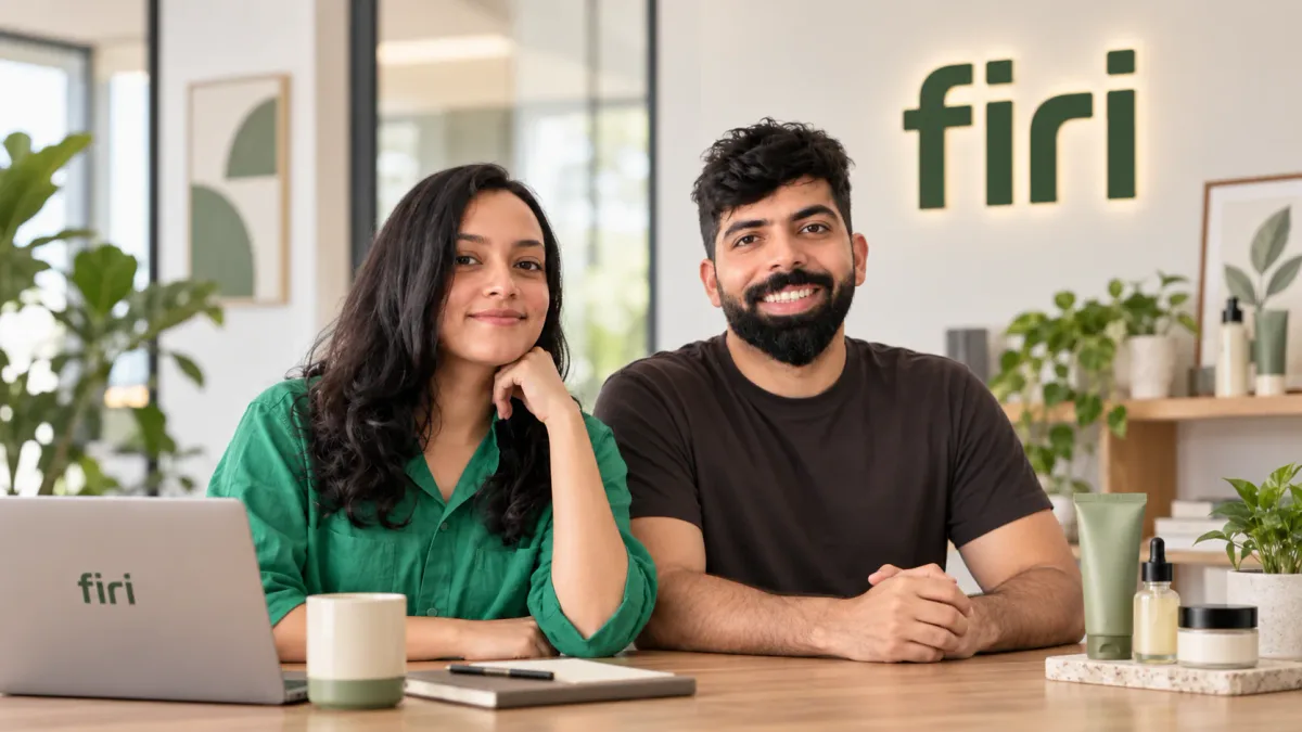 Two Firi founders seated together at a desk in their office, with the Firi logo visible in the background.
