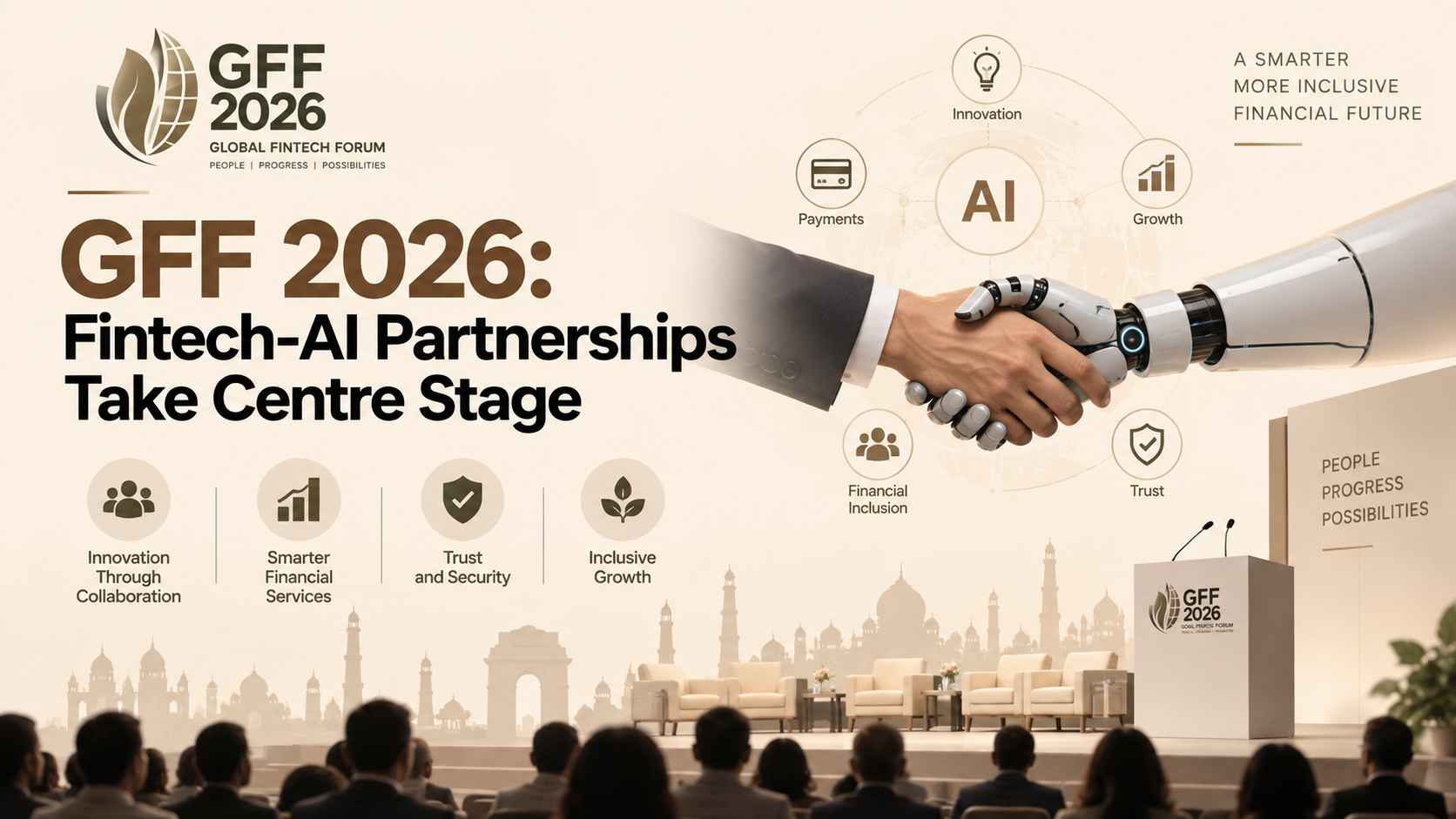 GFF 2026 highlights fintech-AI partnerships through a human and AI robot handshake representing innovation and collaboration.