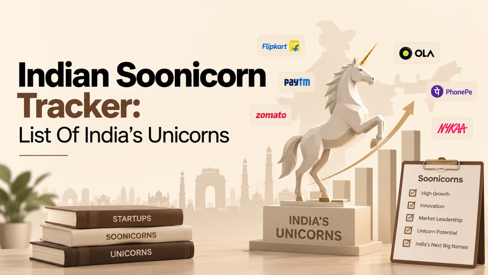 Indian Soonicorn Tracker featuring India’s unicorn startups, startup growth indicators, and a unicorn illustration.