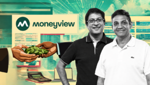 Moneyview founders featured in a fintech-themed graphic with financial charts, a money exchange illustration, and digital finance elements.
