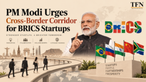 PM Modi calls for a cross-border corridor for BRICS startups, with BRICS flags, global landmarks, and entrepreneurship symbols.