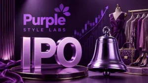 Purple Style Labs IPO concept featuring a large IPO symbol, fashion apparel, accessories, and a stock market growth chart.