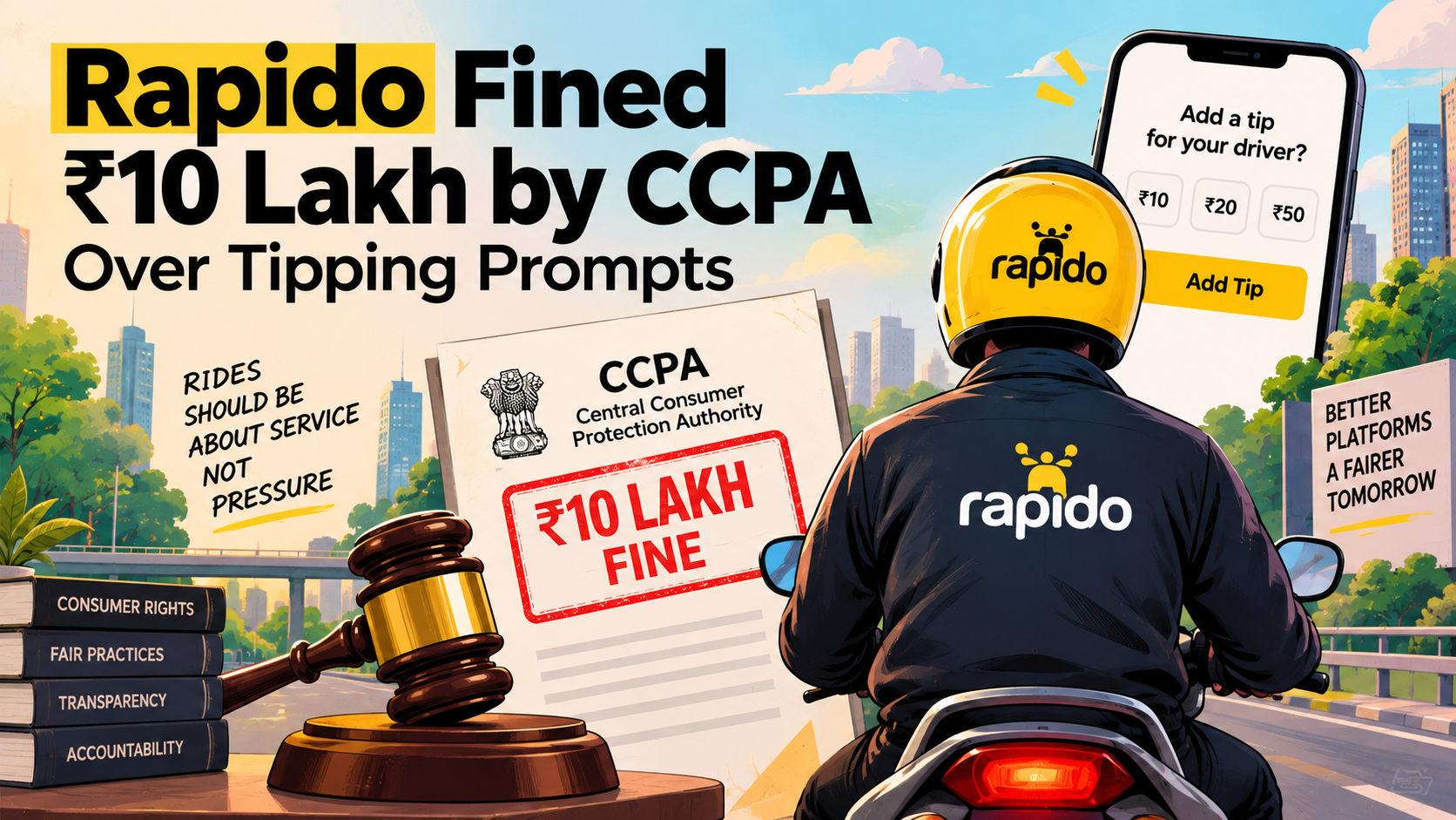 Rapido rider and smartphone tipping prompt featured in a graphic about the ₹10 lakh CCPA fine over tipping prompts.