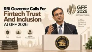 RBI Governor speaking at a podium during GFF 2026, highlighting fintech trust and financial inclusion.