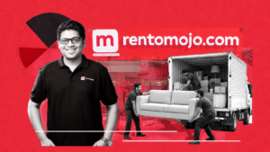 Rentomojo founder with furniture movers and delivery truck representing the Indian furniture rental startup’s growth.
