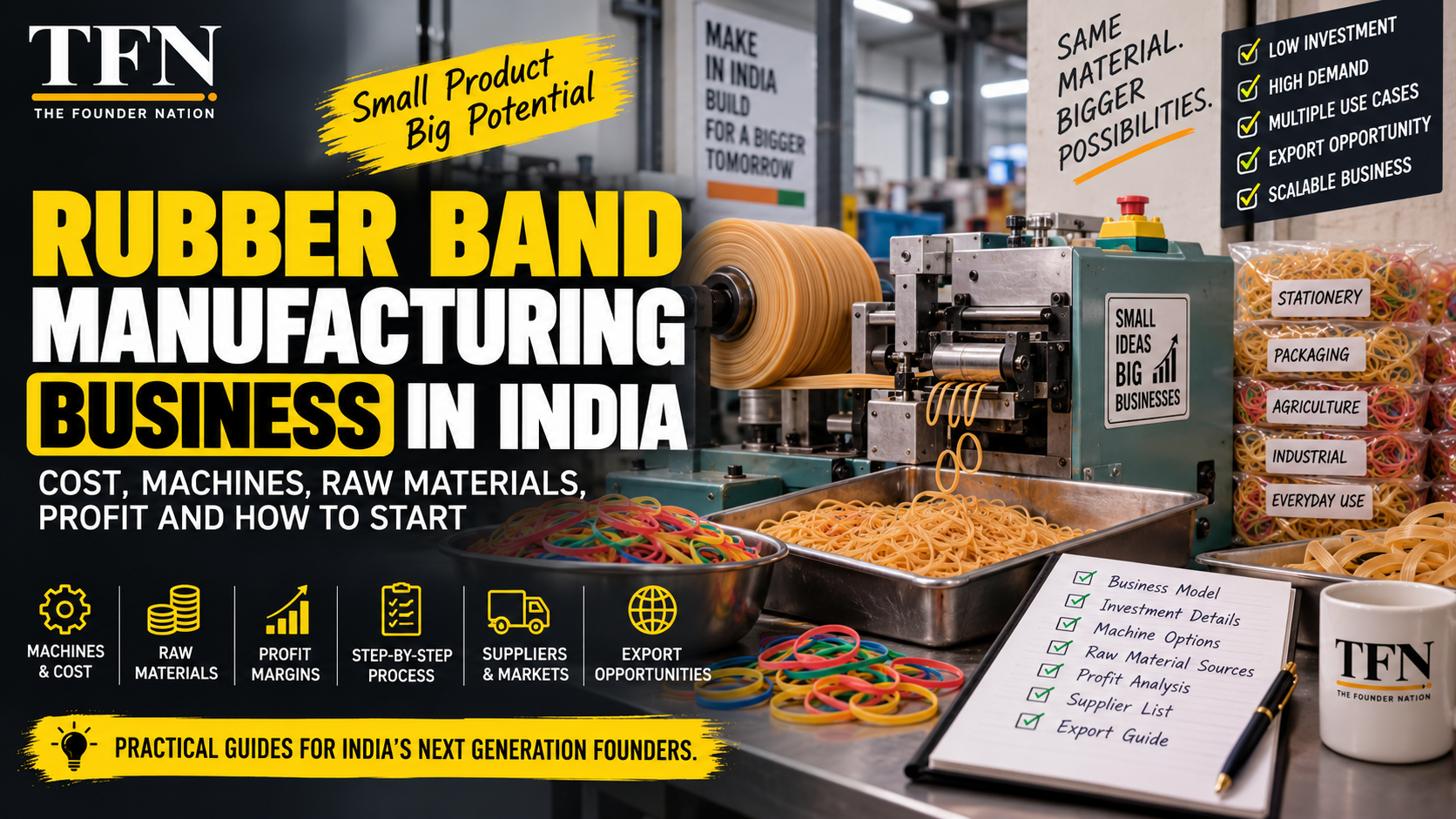 Rubber band manufacturing business in India showing machines, production and profit potential