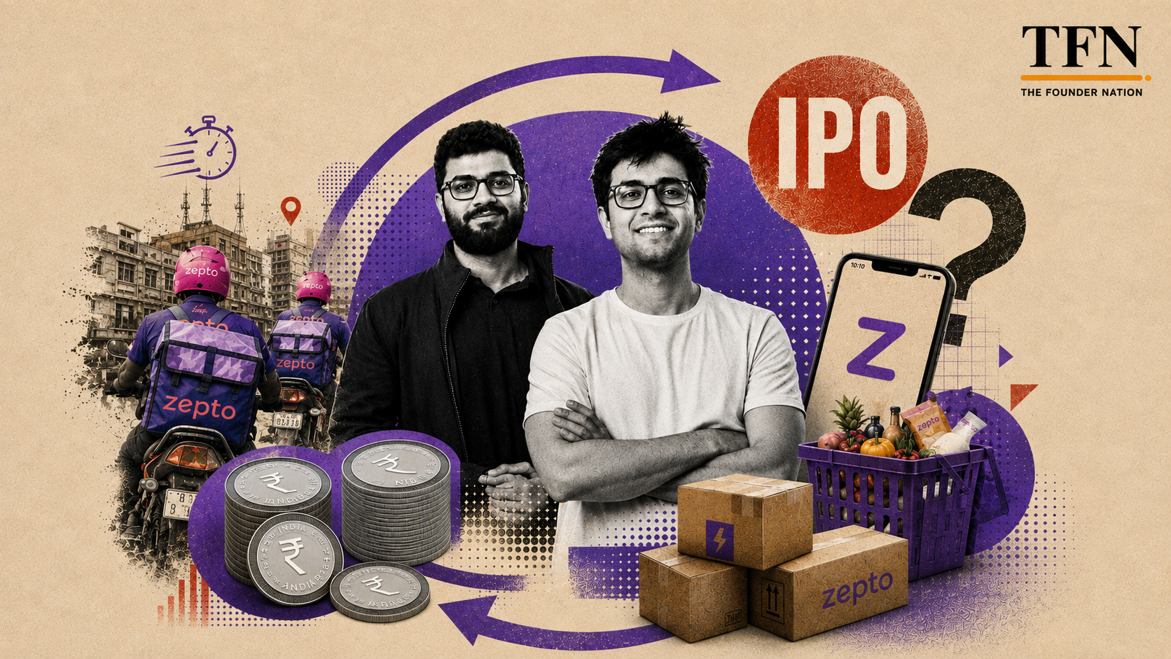 Zepto founders featured in an editorial collage exploring the company’s IPO prospects, growth, delivery business and startup journey in India.